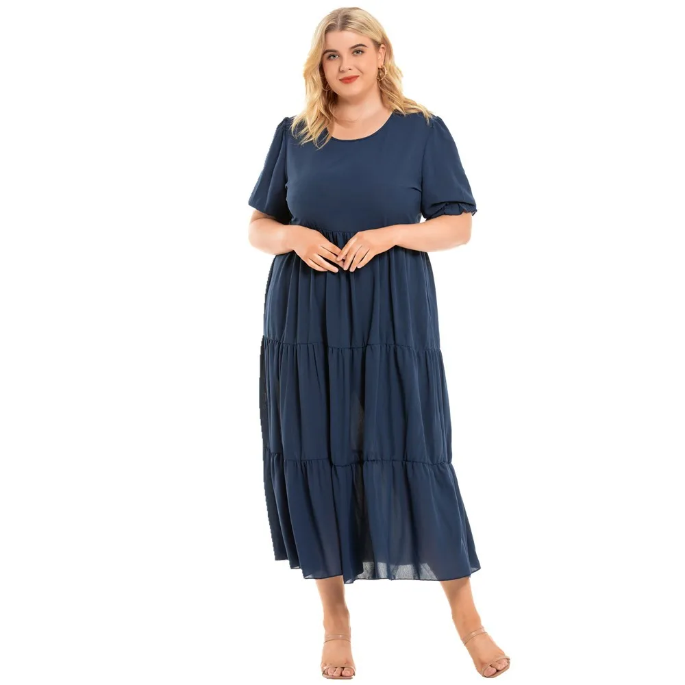 Plus Size gorąca wyprzedaż nowość krótki rękaw O dekolt w jednolitym kolorze w stylu Casual, letnia sukienki dla dużych kobiet