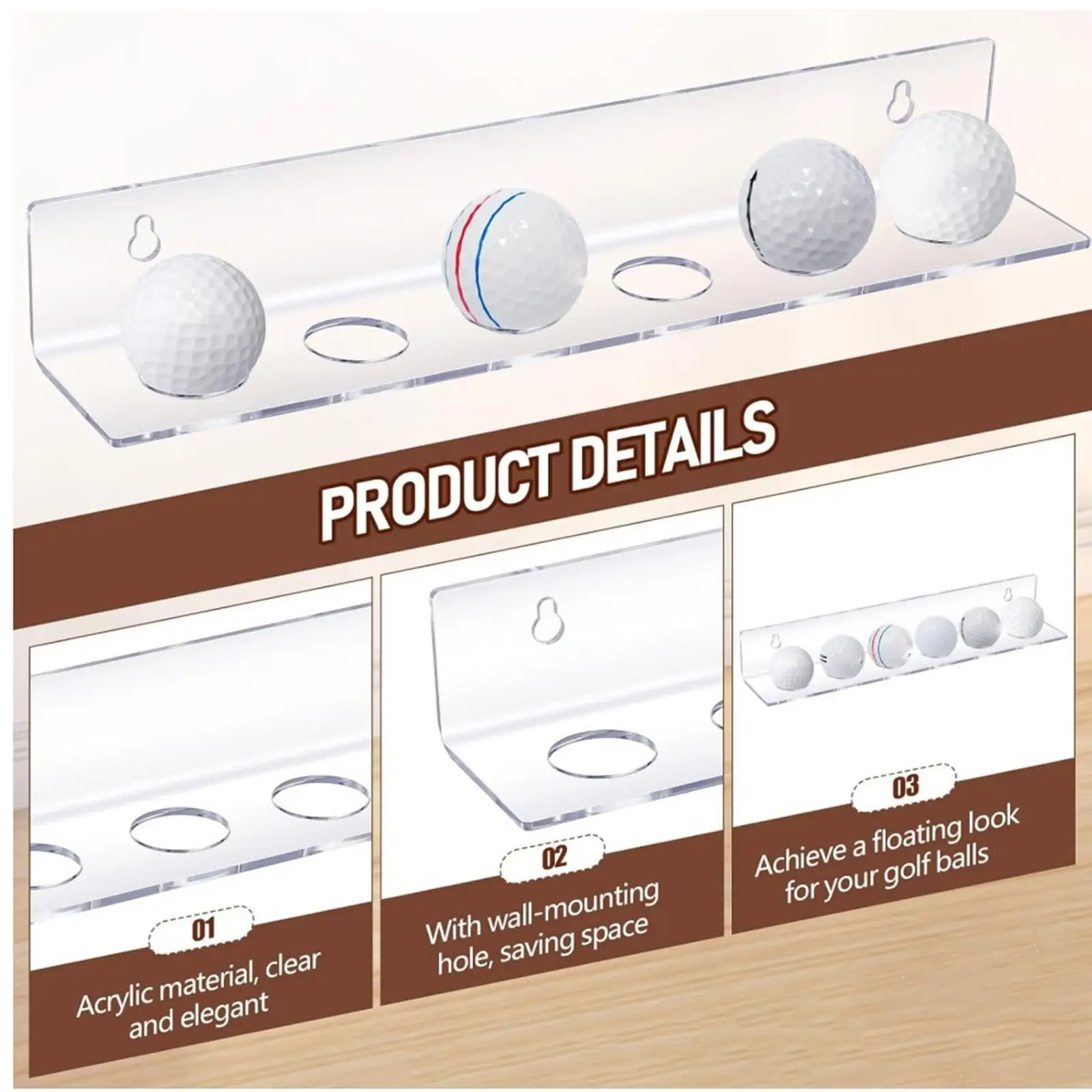 Golf Ball Wall Mount Display Rack Accessory Multifunctional 31x6.5x5cm