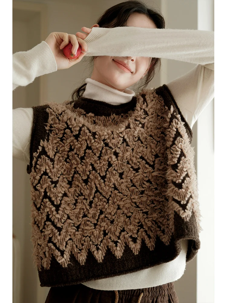 Hand-Trimmed Wool Sweater Vest 3D Embroidery AB Double Thread Australian Wool Autumn Winter Casual Style Warmth Heating No Sl...