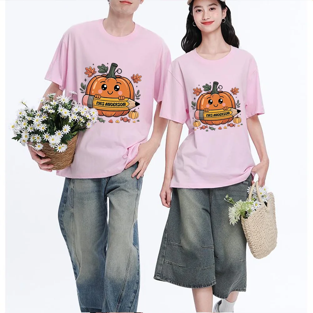 Cute Pumpkin Holding Pencil Printed T Shirt Breathable Fabric S-XXL Personalized Custom T Shirt Casual Short Sleeve Tee Aestheti