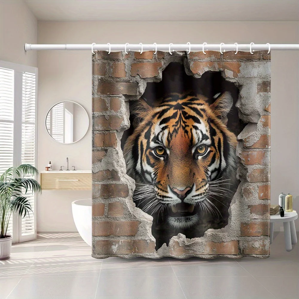 1pc Brick Wall Tiger Decorative Painting, Creative Style Printed Shower Curtain, Bathroom Home Decoration with Plastic Hooks Sui