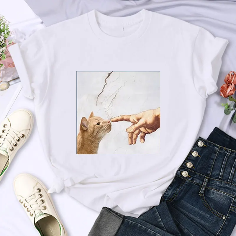 Estilo paródia vestindo pérola coelho pintura mundialmente famosa impressa camiseta moda feminina tshirt conforto casual camisetas humor topos