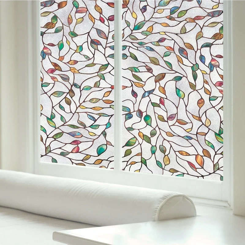 Colorful Leaf Pattern Glass Film Static Cling Vinyl Privacy Protection Sun-Blocking Reusable Removable Tint-Film For Home Office