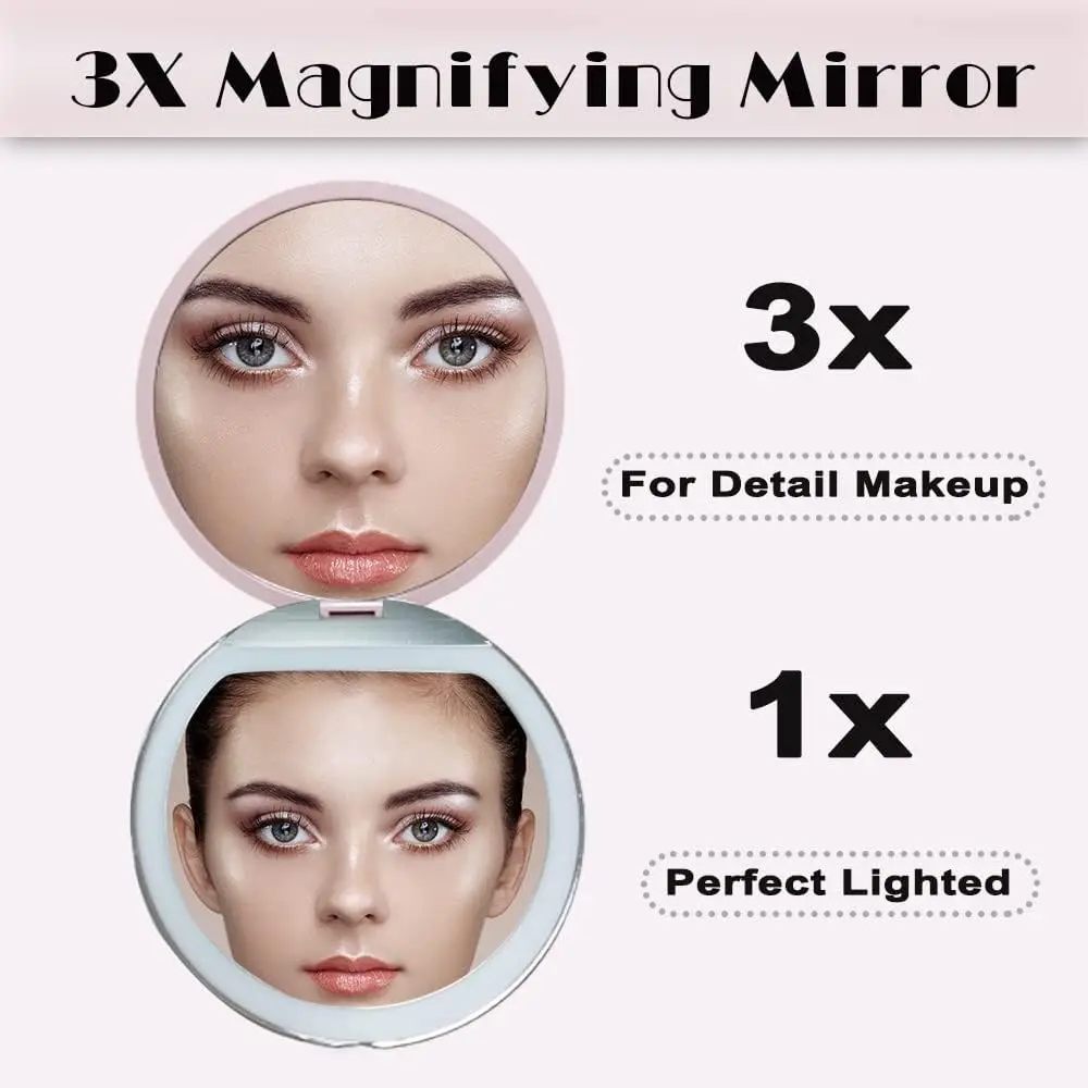 Miroir Compact LED avec lumières, grossissement 1X/3X, miroir de poche avec miroir portatif de voyage Rechargeable pour cadeaux