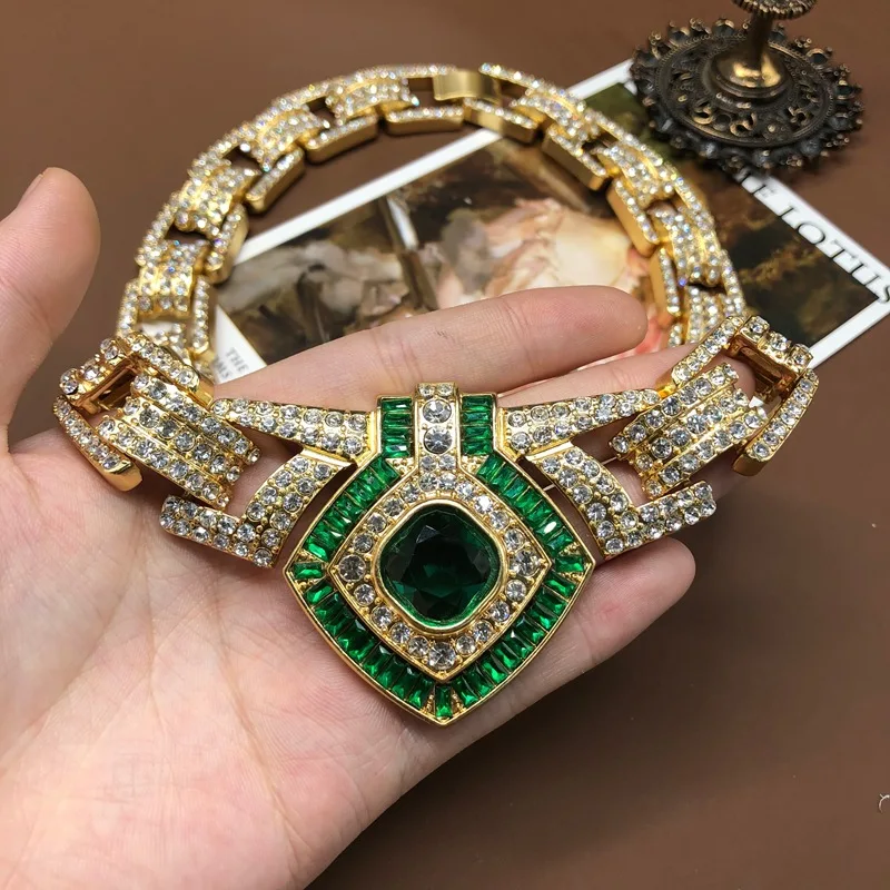 Luxury Vintage Metal Inlaid Green Zircon Necklace Earring High-Quality Woman Jewelry Fashion Dress Banquet Accessories Handmade