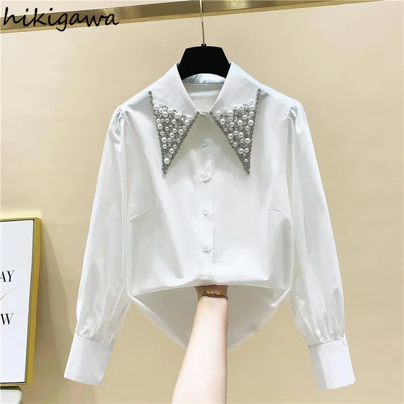 Temperament Lady Tops White Long Sleeve Blouse Women\'s Clothing Beading Diamond Fashion Shirts Loose Vintage Blouses Tops 7n766