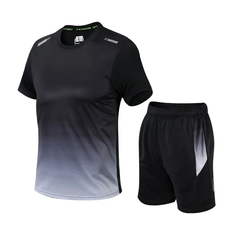 

Men's T-shirt Two-piece Summer New Gradual Color Sports Suit Fashionable Street Sportswear Lightweight, Breathable, Quick-drying