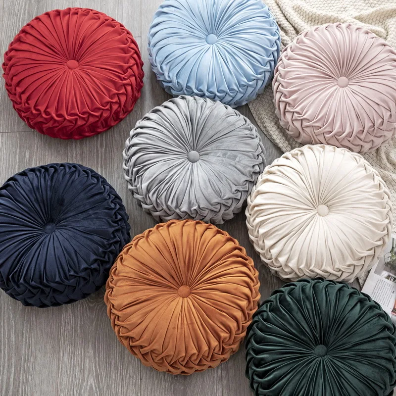 Decorative Round Pleated Throw Pillows, Classy Accent Pumpkin Throw Pillow, Vintage Velvet Floor Cushion for Sofa Couch Vanity C