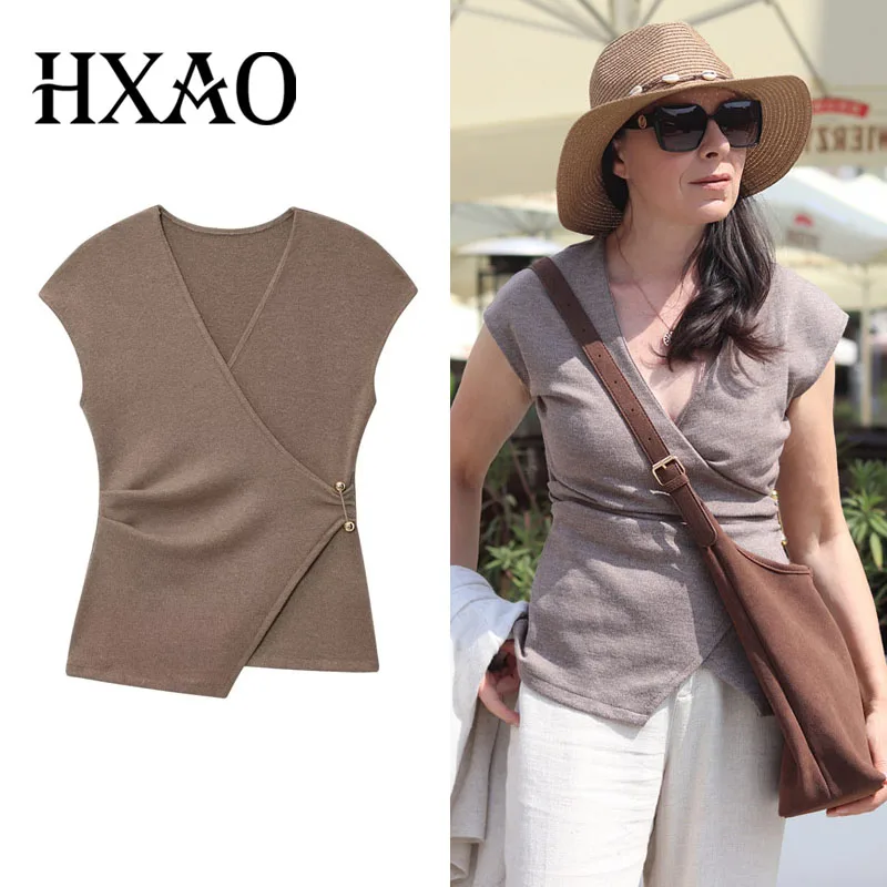 

HXAO Топ с рюшами Женский летний женский корсет на бретелях Сексуальные топы в уличном стиле Коричневая булавка Женская рубашка с коротким рукавом Топы на выход