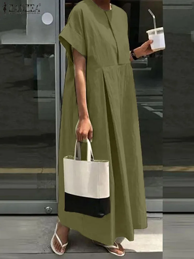 2023 ZANZEA Sommer Kleid Stilvolle Frauen Lose Kleider Casual O Hals Kurzarm Sommerkleid Solide Gefaltete Lange Robe Arbeit Vestidos
