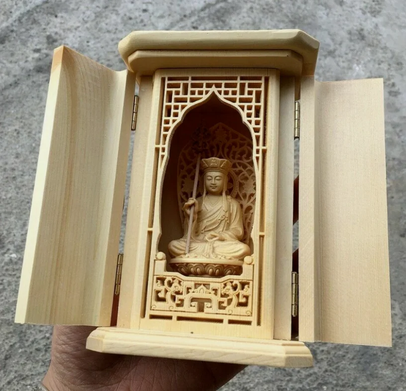Estatua de Ksitigarbha de madera de ciprés, casa Zen, santuario Butsudan, altar budista de 5,9 pulgadas