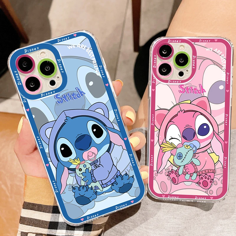 Cute Angel Stitch Couple Apple Case For iPhone 14 13 12 11 Mini XS XR X Pro MAX 8 7 6 Plus SE Angel Eyes Transparent Cover