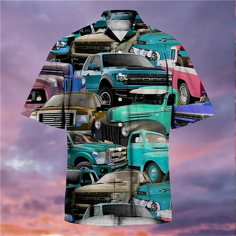 Hawaiian vintage car 3D shirt Men's loose fitting clothes Summer breathable top Short sleeved quick drying casual Men's clothing