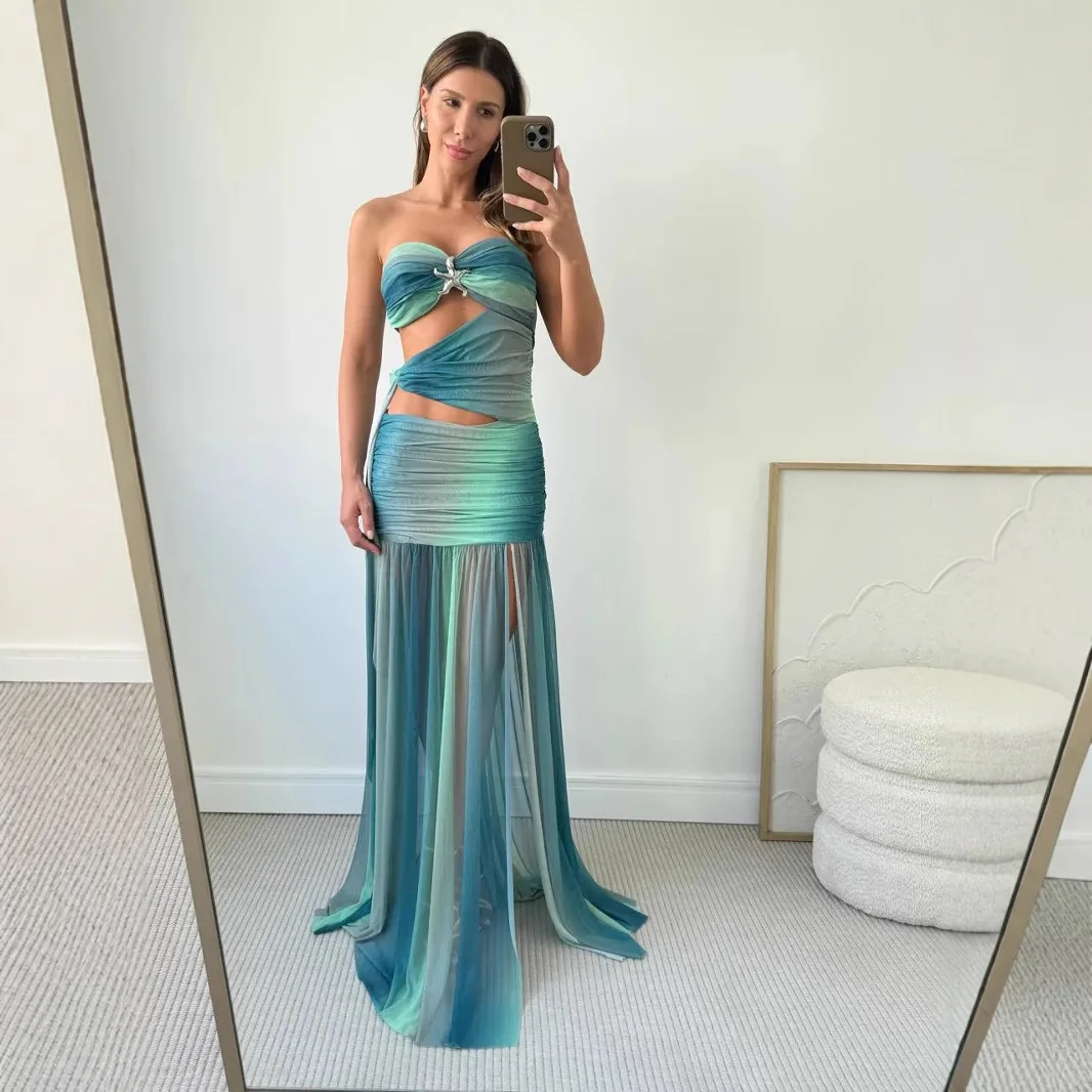 Blue Tie-dye  Cut Out Maxi Dress Women Sexy Beach Holiday High Split Bandage Vestidos 2025 Summer Sleeveless Chic Robe Dresses