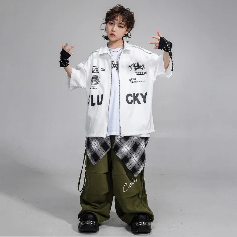 

Kid Hip Hop Clothing White Short Sleeve Shirt Army Green Casual Parachute Cargo Pants for Girl Boy Jazz Dance Costumes Clothes