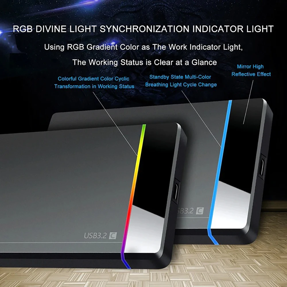 2.5인치 도구가 필요 없는 RGB 모바일 하드 디스크 박스 USB 3.2 5Gbps 노트북 솔리드 스테이트 기계식 하드 디스크 SSD HDD 인클로저 유형 C 3.1