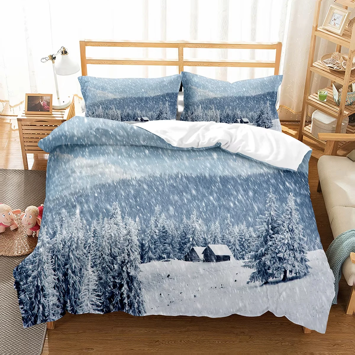 Winter Forest Duvet Cover Twin King Size Natural Scenery Comforter Cover Snowy Landscape Bedding Set for Boys Girls Bedroom Dorm