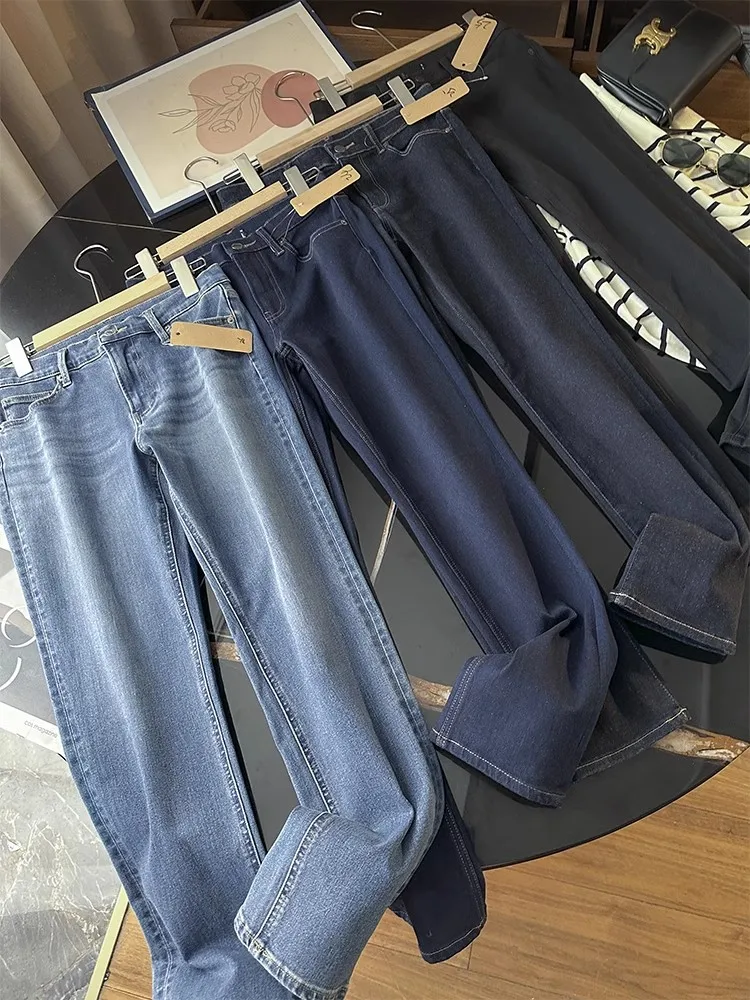 Cintura alta clássico ajuste elástico emagrecimento tubo calças jeans nove pontos versátil retro sle sala de estar entrada