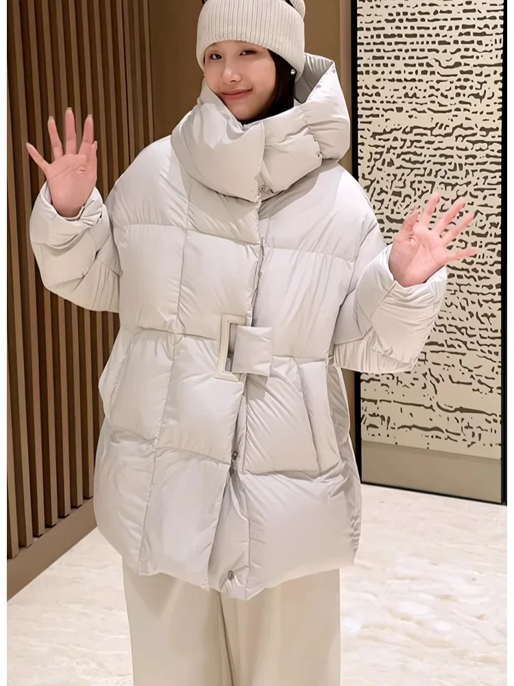 

Winter Women's Jackets 2024 Thick Warm Loose Fashion 90% White Duck Down Puffer Jacket Hooded Casual Puffy Mid-Length Down Coat