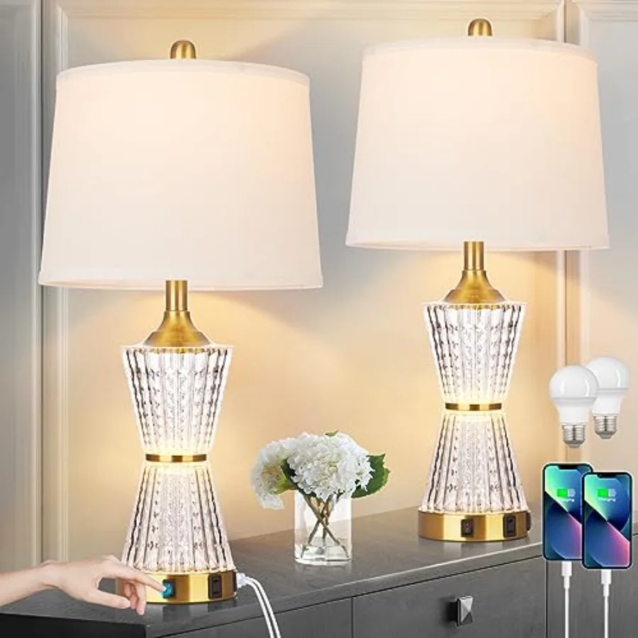 

26" Modern Table Lamps Set of 2 Table Lamps Night Light with 2 USB Charging Ports and AC Outlet Bedside Nightstand Lamp White S