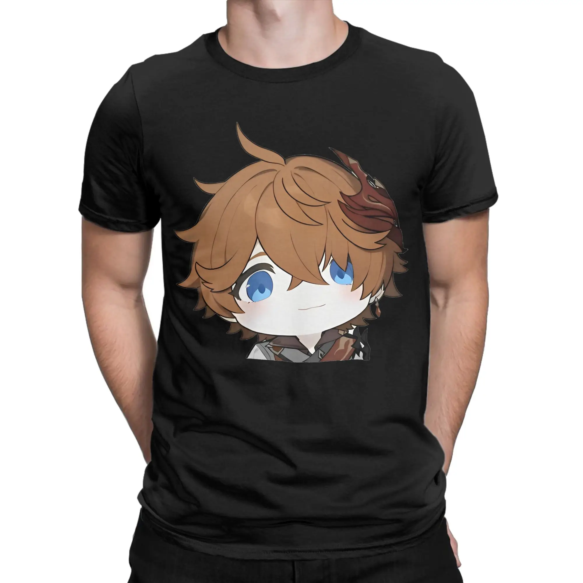 Men Women T-Shirt Tartaglia Wide Face Meme  Genshin Impact  Vintage Pure Cotton Tee Shirt Anime Game T Shirts Tops Plus Size
