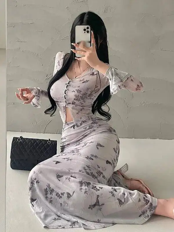 رغبة نقية نمط حزام أعلى مطبوعة شبكة طويلة الأكمام سترة عالية الخصر ذيل السمكة فستان أنيق طويل الحلو الكورية المرأة M37X