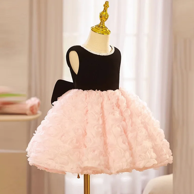 Flower Girl Black Pink Party Dress Children Wedding Birthday Short Evening Gowns Cute Princess Pageant Tulle Luxury Dresses Kids