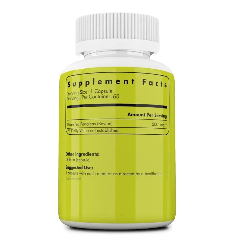 Grass Fed Beef Pancreatic Supplement 60 Capsules 500mg Digestive Contains Pancreatin Non GMO