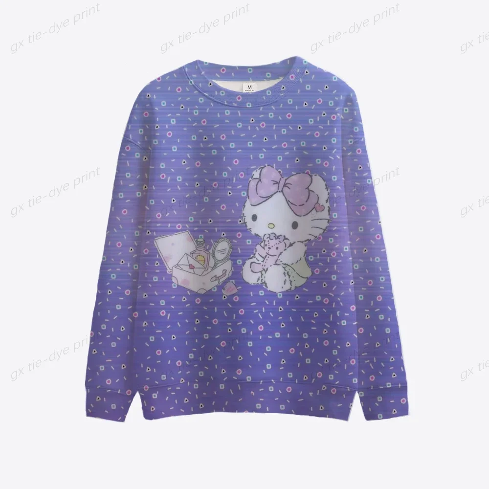 Japan Anime Hello Kitty Printed Womens Fall Clothing Long Sleeve Cartoon Casual Crewneck Sweatshirt Casual Pullover Blouse Tops