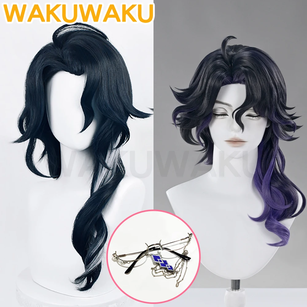 EN STOCK Perruque de cosplay Pantalone du jeu Genshin Impact WakuWaku, cheveux noirs pour homme, avec lunettes de cosplay Pantalone et bonnet gratuit