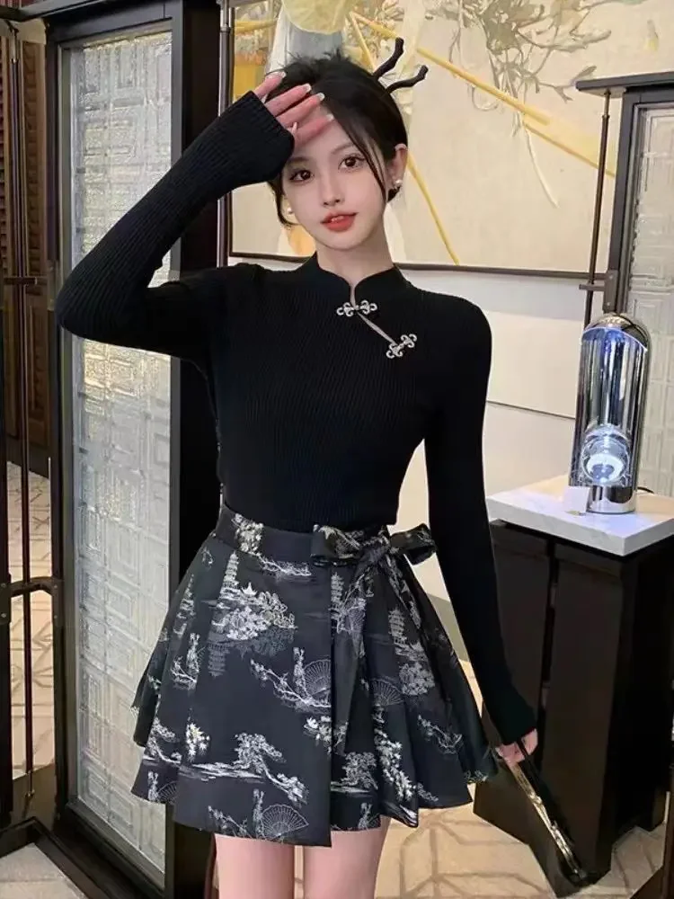 Spring 2024 New Women's Chinese Style Hanfu Set Button Bottom Top With High Waist And Pleated Horse Face Skirt Two Piece Set