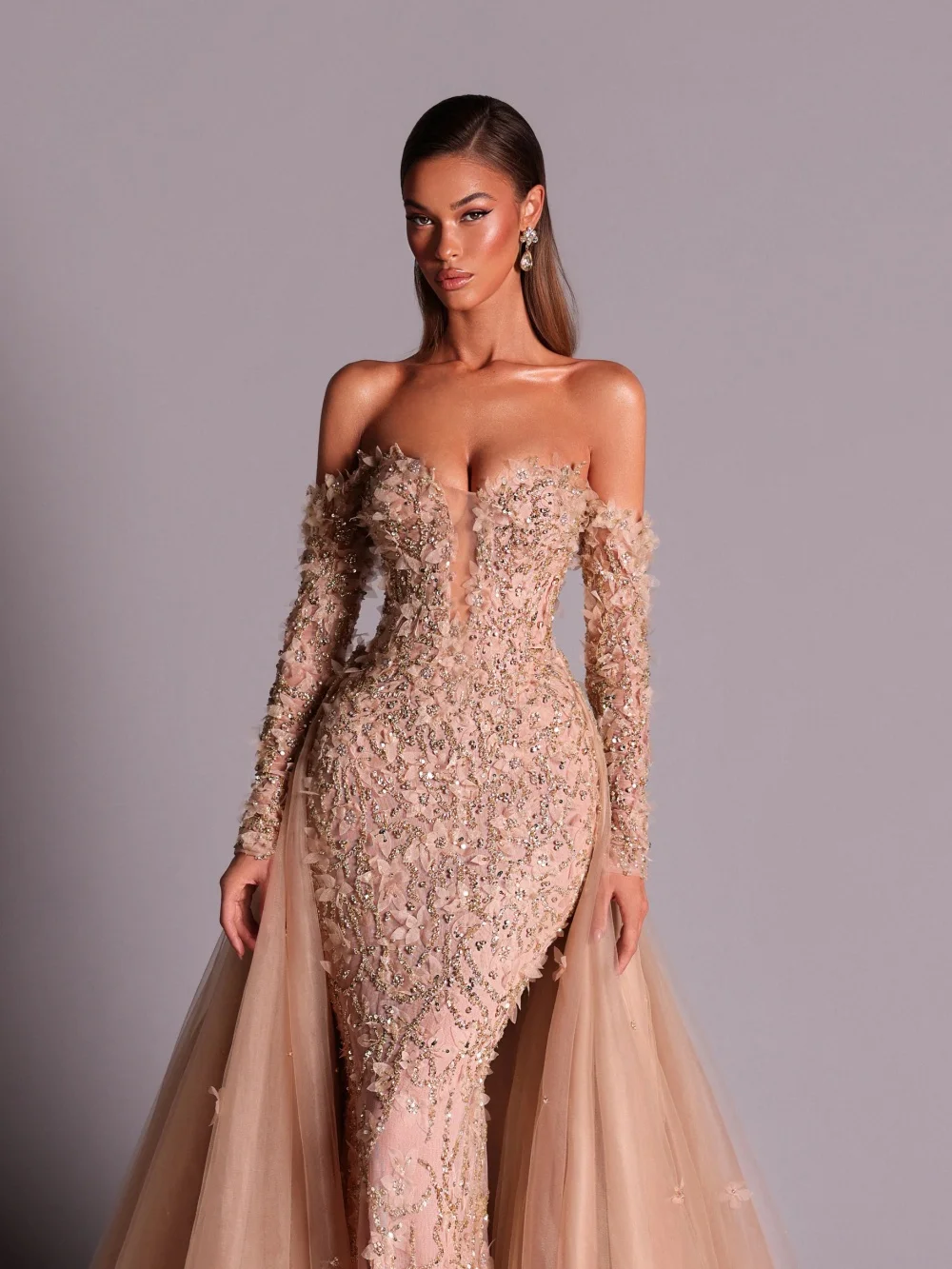 Oszałamiająca suknia wieczorowa z kryształowymi kwiatami 3D, z odpinaną spódnicą, odkryte ramiona, suknia na wesele, szyta na miarę, długa do podłogi, suknia na studniówkę.