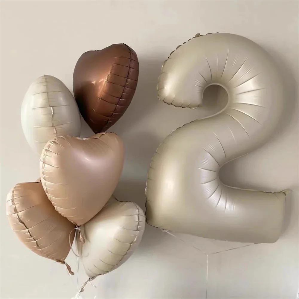 6Pcs New Retro Caramel Beige Cream Number Foil Balloons 18inch Heart Balloons Kids 1 2 3th Birthday Baby Shower Party Decoration