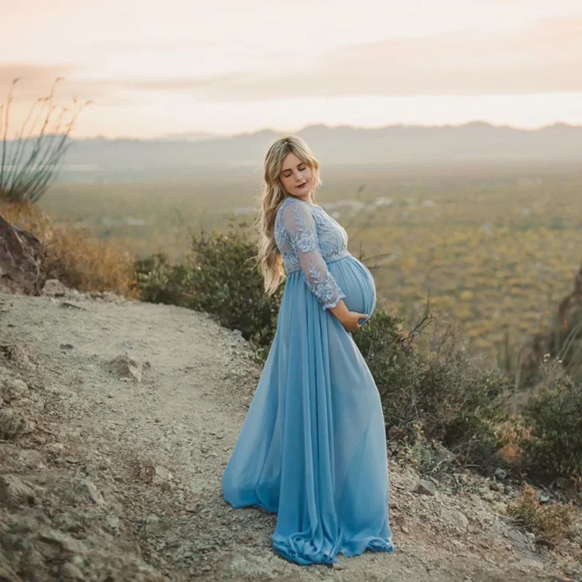 blue lace maternity dress for photoshoot Long Sleeve Lace Maternity Mesh Photography Dress RB8 main image 1