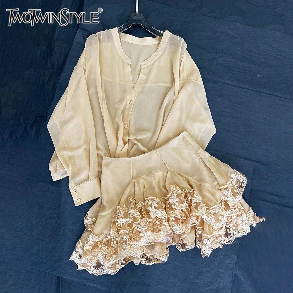 

TWOTWINSTYLE Casual Solid Two Piece Sets For Women Round Neck Long Sleeve Top High Waist Mini Skirt Chic Set Female KSE541718