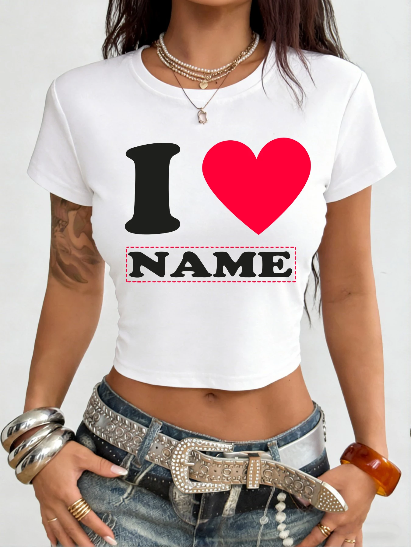 Custom I Love Name Personalized Crop T-Shirt Women Summer Crewneck Tee Shirts Breathable Slim Clothes Cotton Casual Streetwear