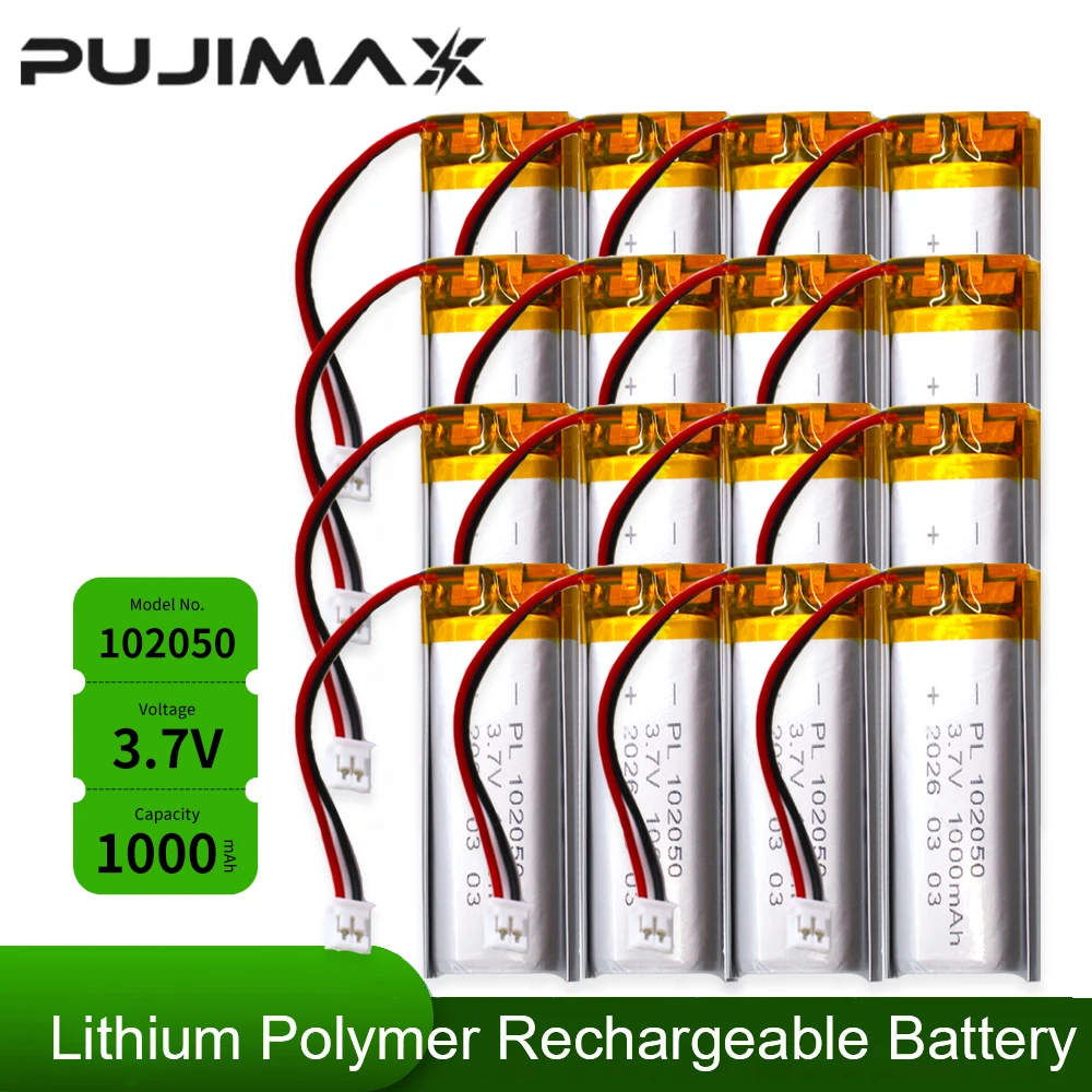 

PUJIMAX 102050 3.7V 1000mAh Lipo Cells Lithium Polymer Rechargeable Battery for MP3 GPS Beauty Instrument GPS LED Light with PCB