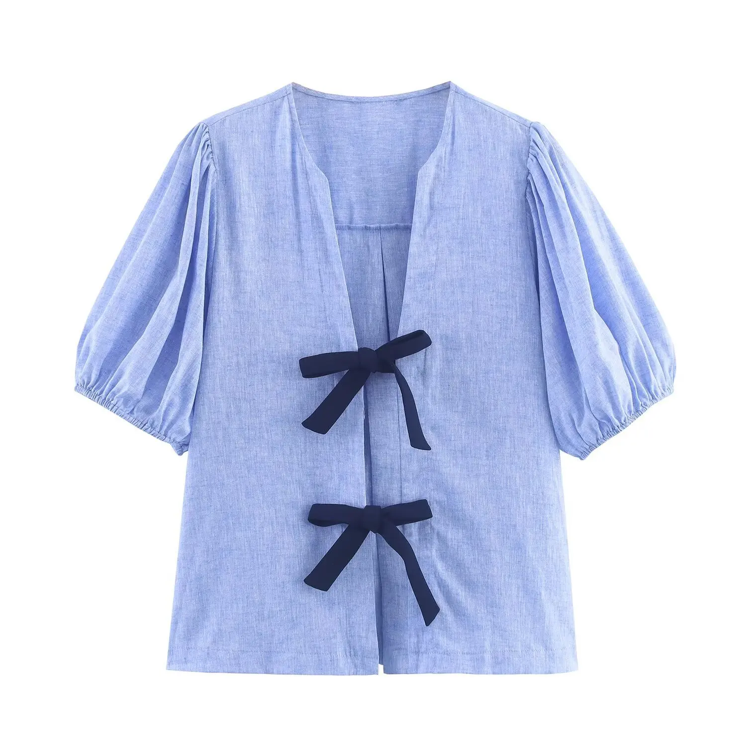 Camicette moda manica corta blu con scollo a V Camicette moda donna con copertura a righe con nodo a farfalla Camicetta casual slim