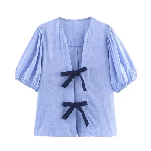Imagen 2 del producto Blusas azules de manga corta con cuello en V para mujer, camisa informal ajustada con cubierta a rayas y Nudo de mariposa a la moda