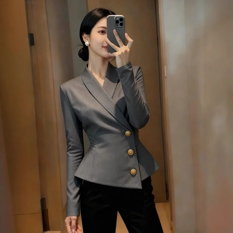 High Quality Fashion Gray Suit Jacket Women Autumn  Blazer Outwear Ladies Long-sleeved Casual All-Match Suit Top Female Blazer