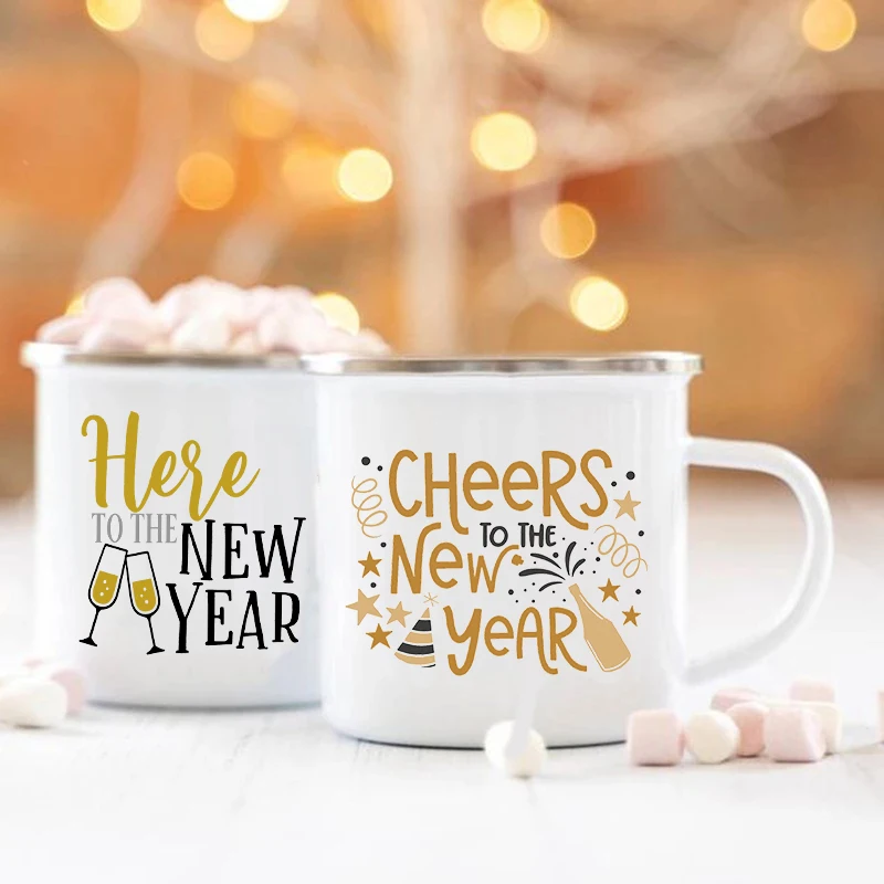 

Cheers To The New Year Printed Enamel Mugs New Year Party Wine Beer Coffee Cups Dessert Cocoa Handle Cup Gifts for Family Friend