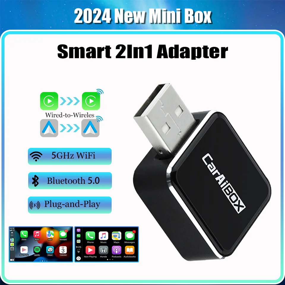 2024 New Mini Box CarPlay and Android Auto 2in1 Wireless Adapter 5GHz Wifi BT 5.0 For Kia Mazda Skoda Toyota Honda Vw up Volvo