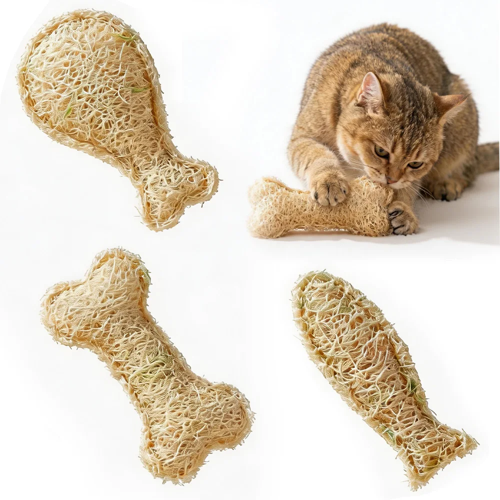 1-3er Pack Natürliche Katzenminze Luffa-Kauspielzeuge Zahnpflege Zahnreinigung Faserstäbchen Anti-Biss Langlebige Katzen- und Kätzchen-Zahnungshilfe