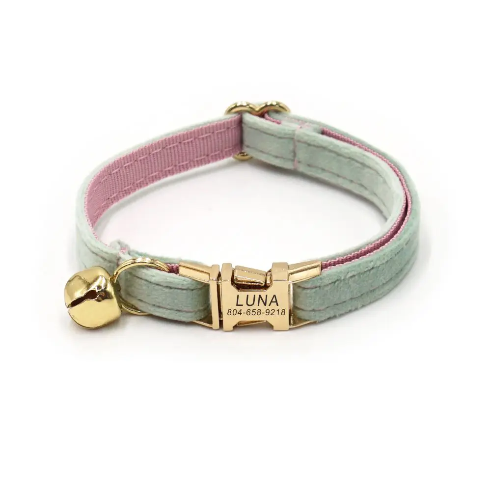 

Personalized Cat Collar Customized Nameplate ID Metal Buckle Adjustable Pink Mint Velvet Cat Collars with Bell