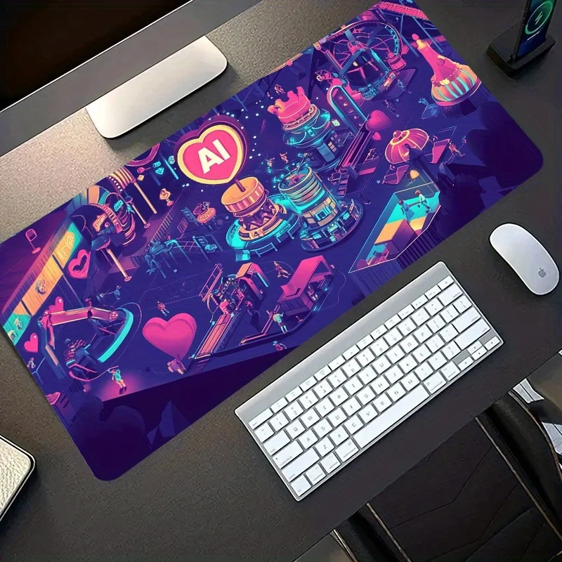 1pc Sci-fi Neon Amusement Park Large Gaming Desk Mat Non Slip Washable Rubber Base Stain Resistant Office Desktop Decor Mouse Pa