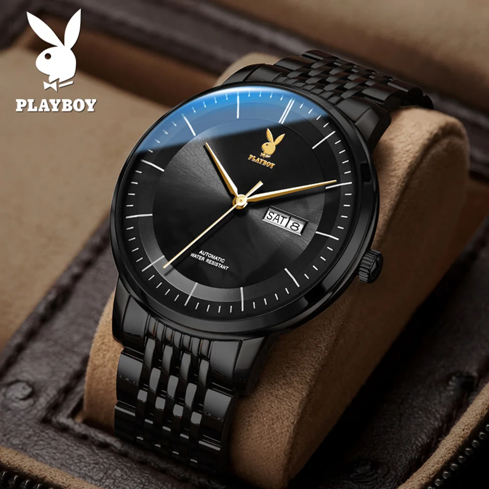 PLAYBOY Top Brand Luxury Mechanical Watch for Men Fashion Grey Dial Stainless Steel Waterproof Date Week Automatic Male Watches