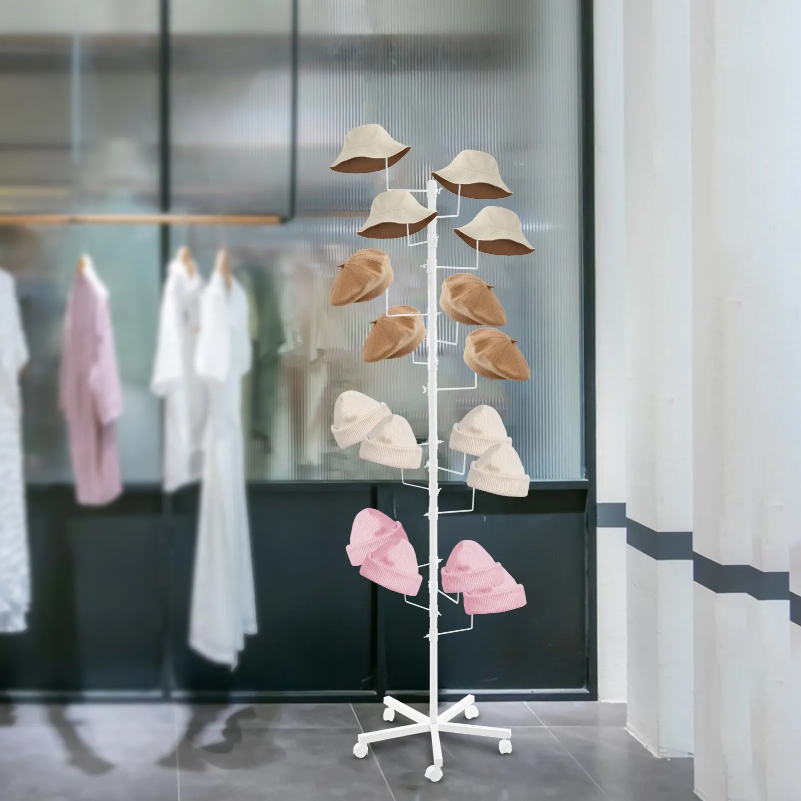 

Freestanding Hat Rack with Adjustable Hooks & Lockable Wheels for Easy Display