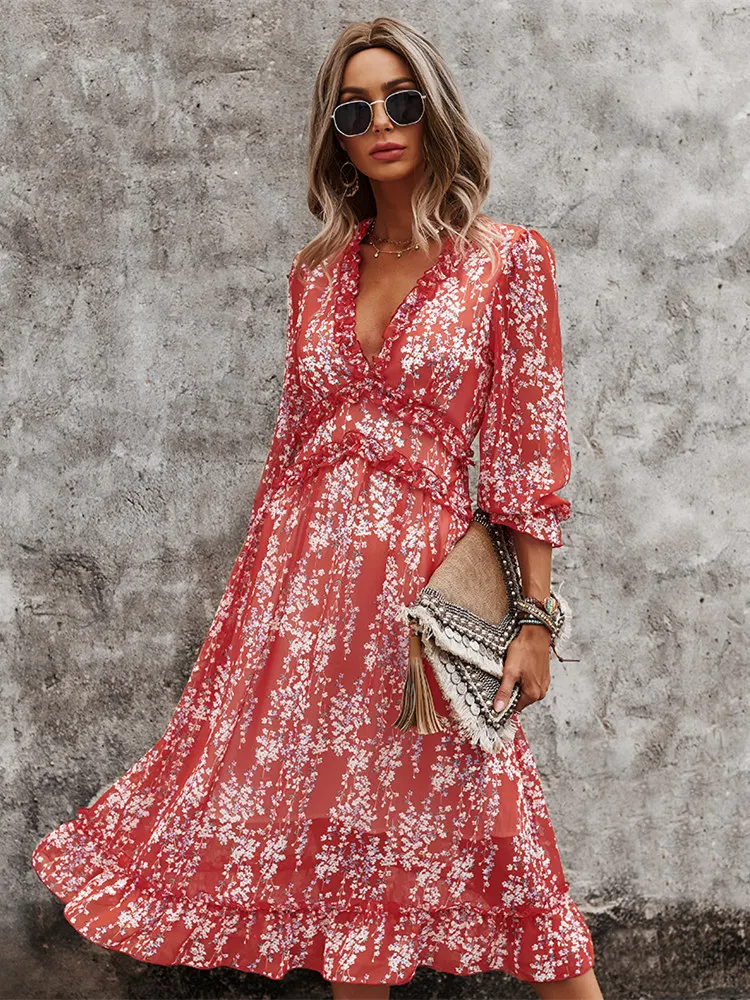 Msfilia Sexy V Neck Floral Dress Ladies Butterfly Sleeve High Waist Casual Print Dresses For Women Summer Chiffon Dress