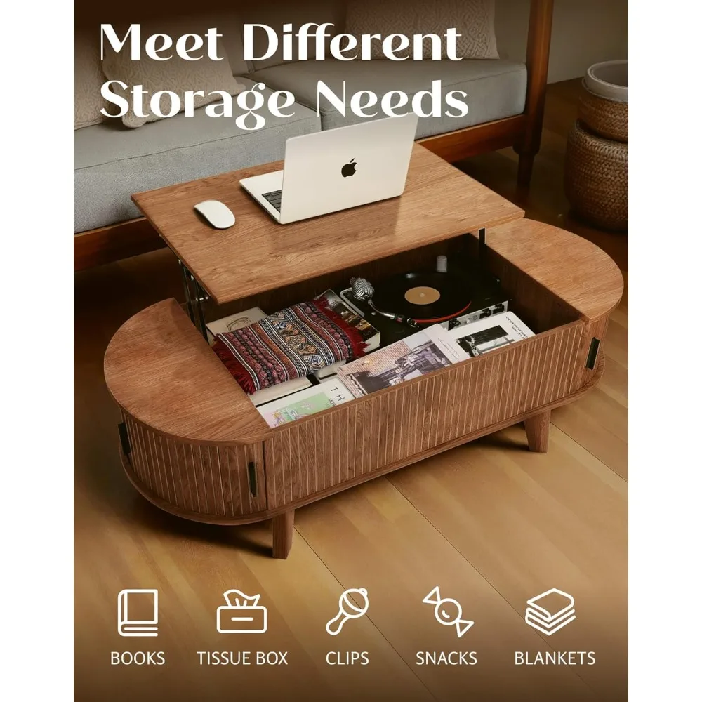 Mesa de Café Oval com Tampa Elevatória e Armazenamento, Mesa Central Moderna de Meio Século de 47,2 polegadas para Sala de Estar com 180 °   Deslizante, Personalizado