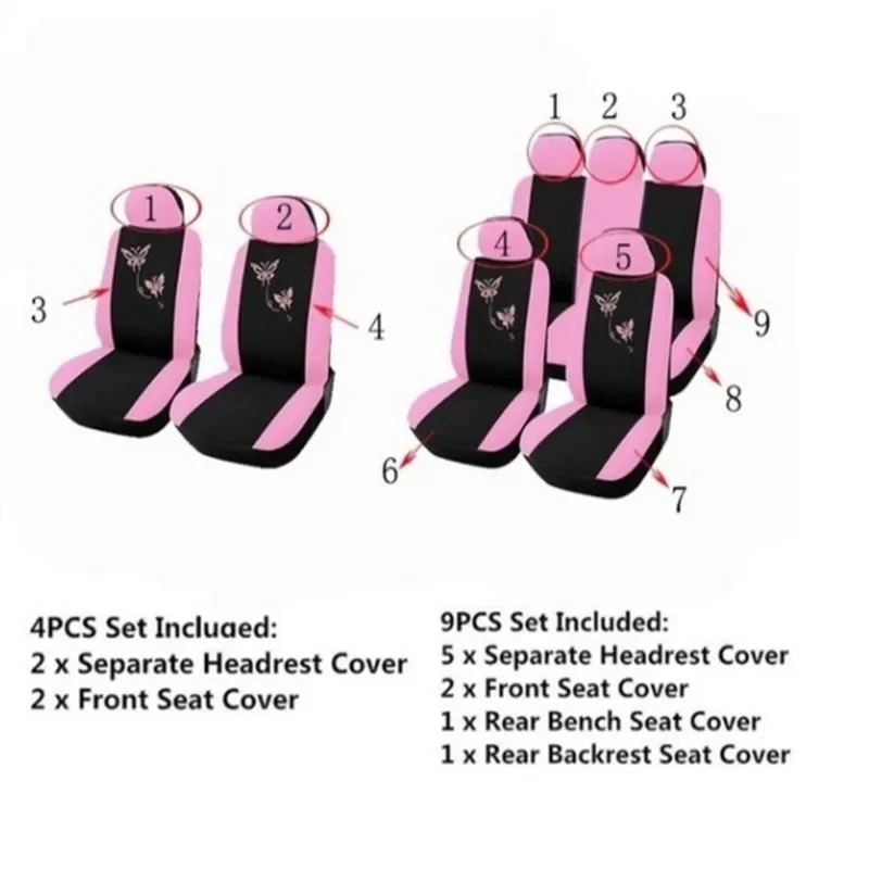 Car Seat Cover Cushion Universal Automobiles Seat Interior Trim Universal Covers Embroidery Style Pink Purple，9/4 Pcs/Set